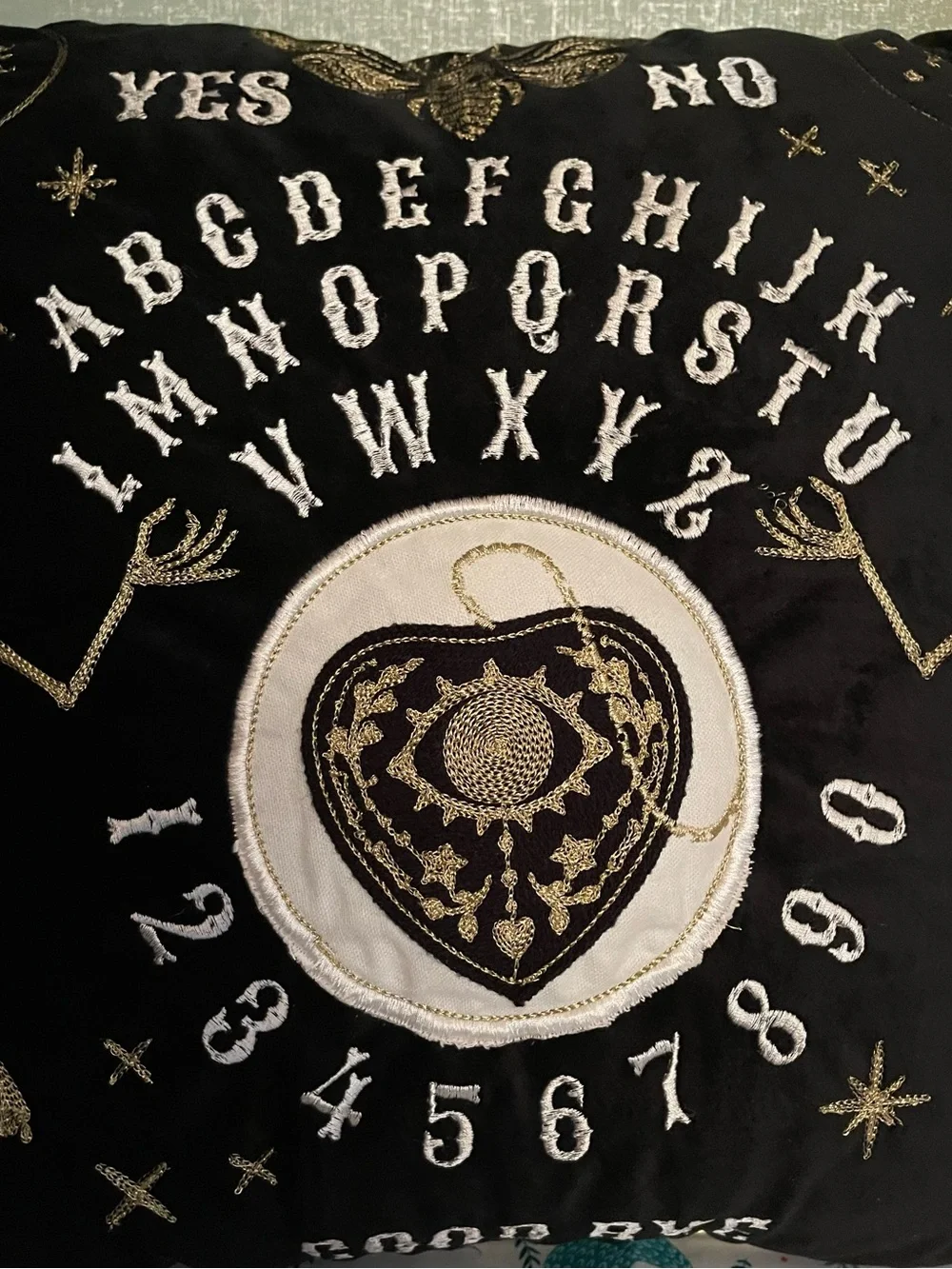 Ouija Planchette Embroidered Velvet Pillow - Black and Gold with Skeletons